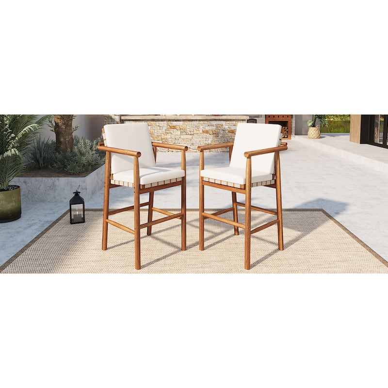Roomfitters Set of 2 Outdoor Bar Stools with Beige Cushions, Natural Wood High Chairs for Patio Balcony Kitchen, Natural