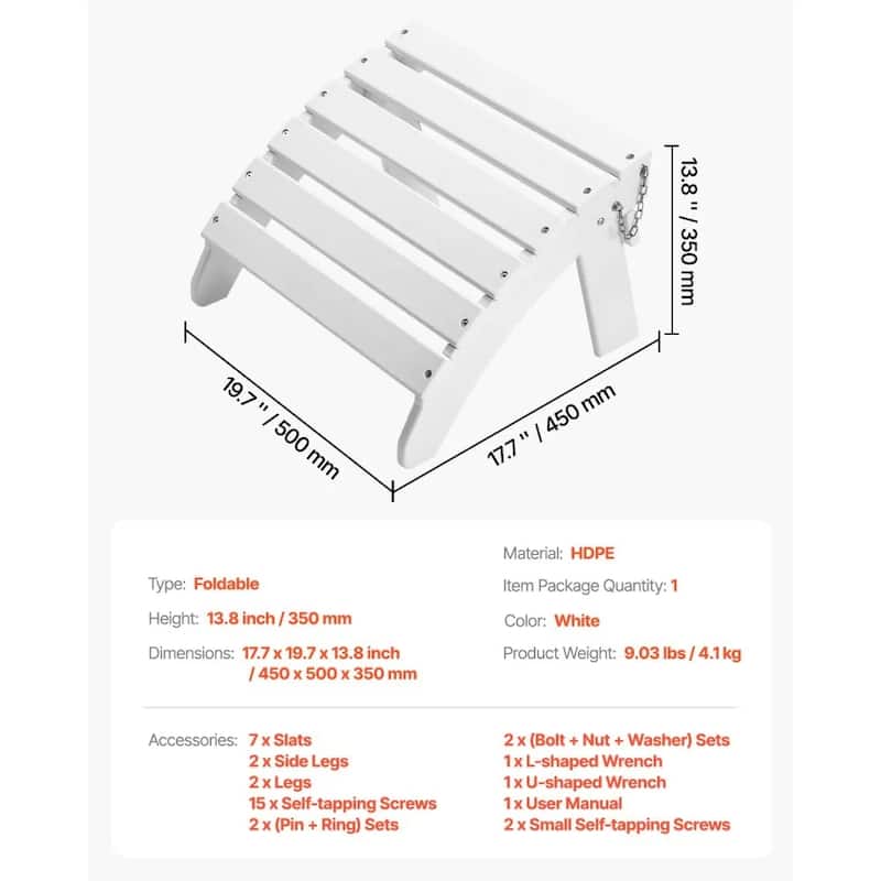 White HDPE Foldable Adirondack Ottoman Footrest with Steel Screws Ideal for Various Outdoor Spaces - 17.7” x 19.7” x 13.8” in