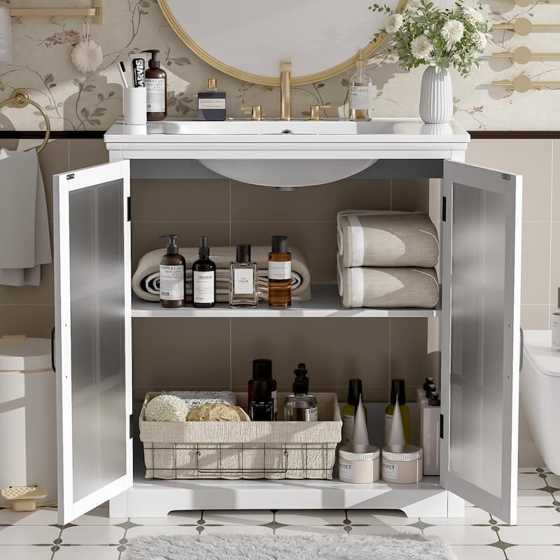 30"Bathroom Vanity with Ceramic Sink, Tempered Blurred Glass and Matte Black Handles, Large Storage Space and Rubber Wood Frame