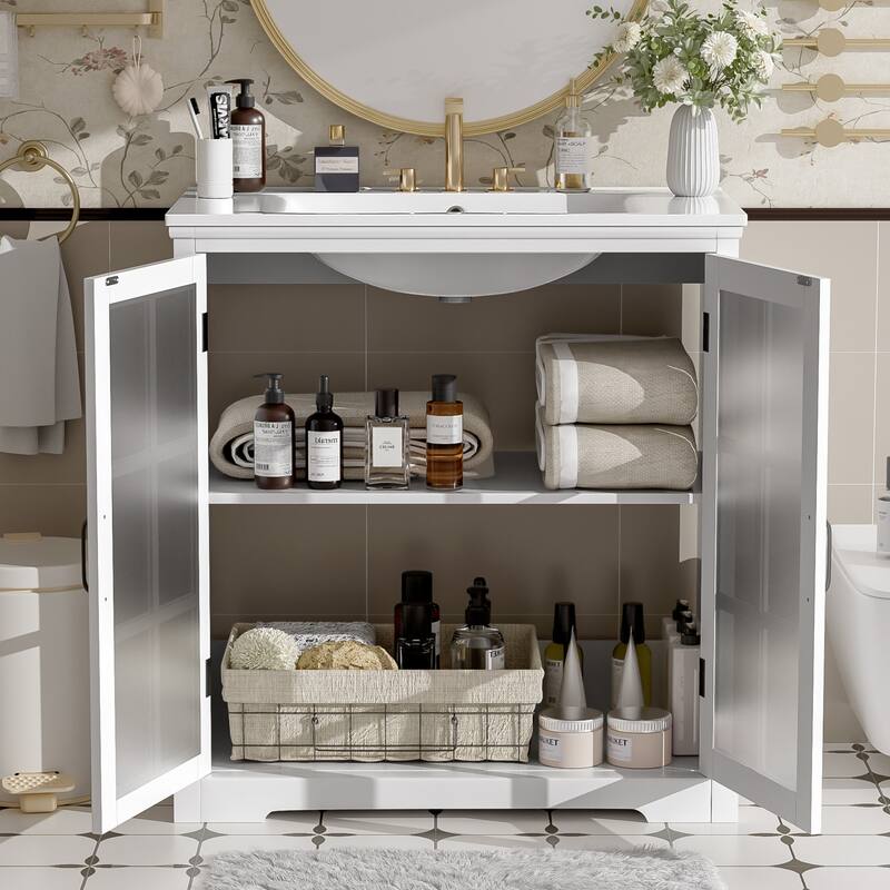 Roomfitters 30" Modern Bathroom Vanity with Ceramic Sink, Cabinet with Tempered Blurred Glass