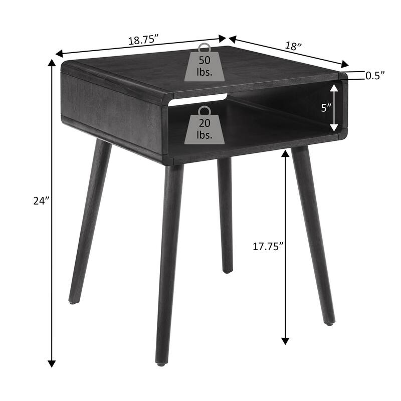 Mid Century Inspired Napa End Table with Open Shelf, Curved Edges, Solid Wood Tapered Legs and Spacious Storage Top - 18