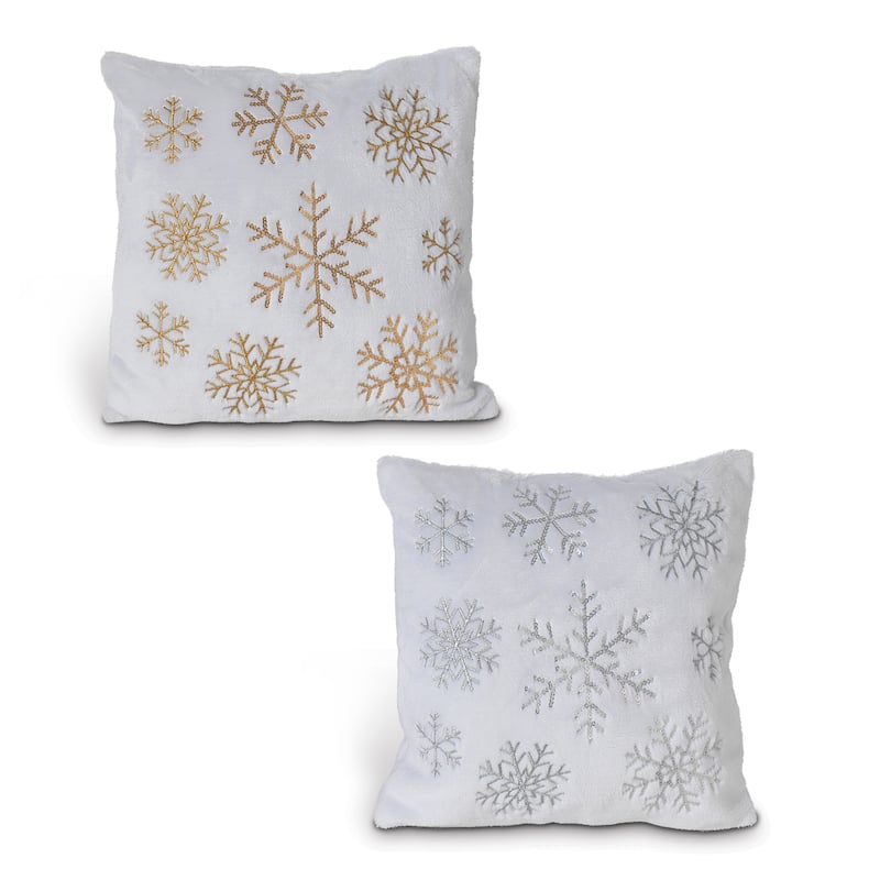 Set of 2 Silver and Gold Snowflake Holiday Throw Pillow