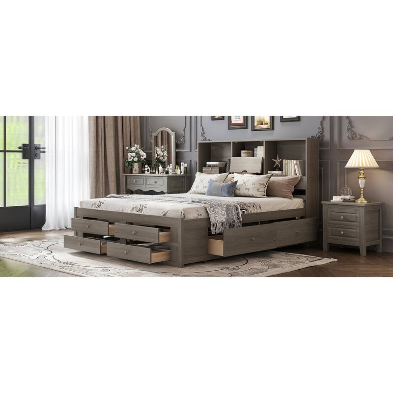 Roomfitters Queen/King Platform Bed with Storage Headboard and 8 Drawers, Solid Wood