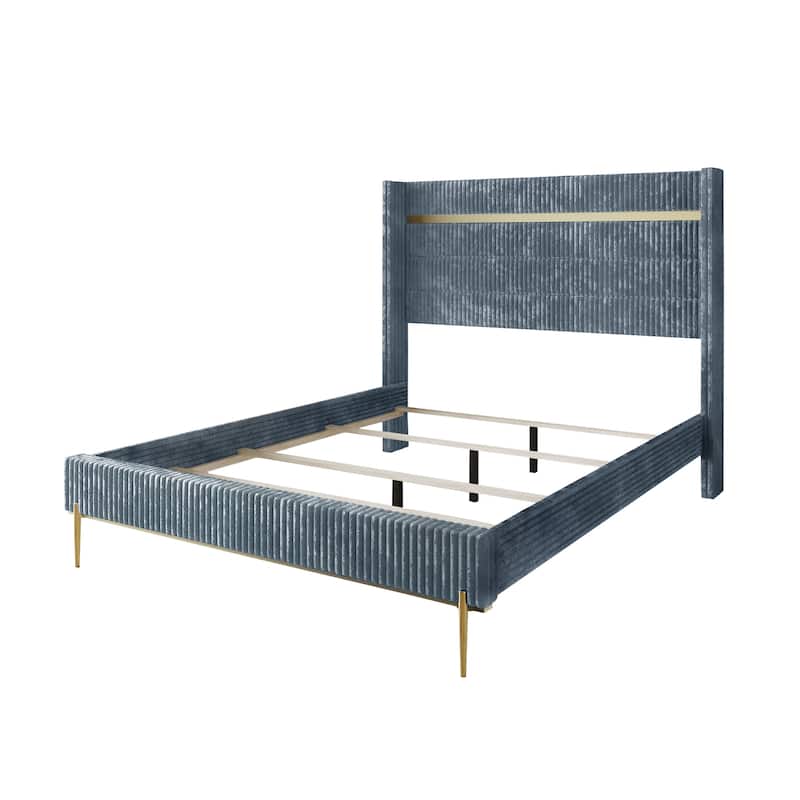 CraftPorch Corduroy Luxurious Gold PU Strip Wingback Velvet Upholstered Bed