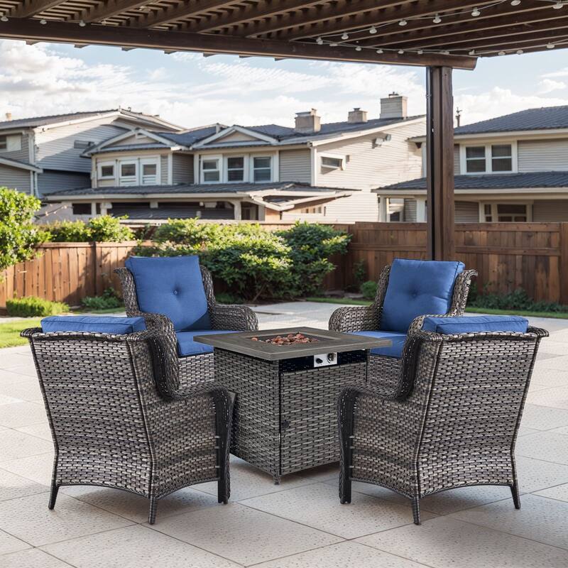 Gymojoy 5-Piece Outdoor Wicker Patio Furniture with Fire Pit Table, Rattan Coversation Set with Water Resistant Thick Cushions - Grey Wicker / Blue Cusion - 5-Piece