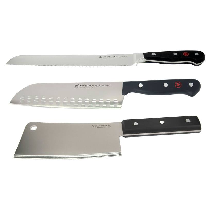 Wusthof Classic 9" Bread Knife, Silver + Gourmet 7" Hollow Edge Santoku Knife, Black + 6" Cleaver Knive, Black - Silver