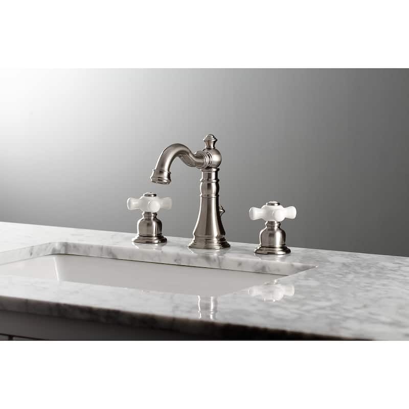 Kingston Brass American Classic Two-Handle 3-Hole Deck Mount Widespread Bathroom Faucet with Pop-Up Drain