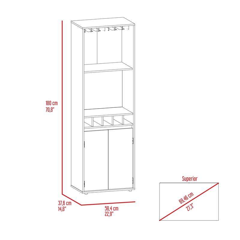 Redding Bar Cabinet, One Cabinet, Interior Shelves, Five Bottle Cubbies, Two Shelves, Light Oak