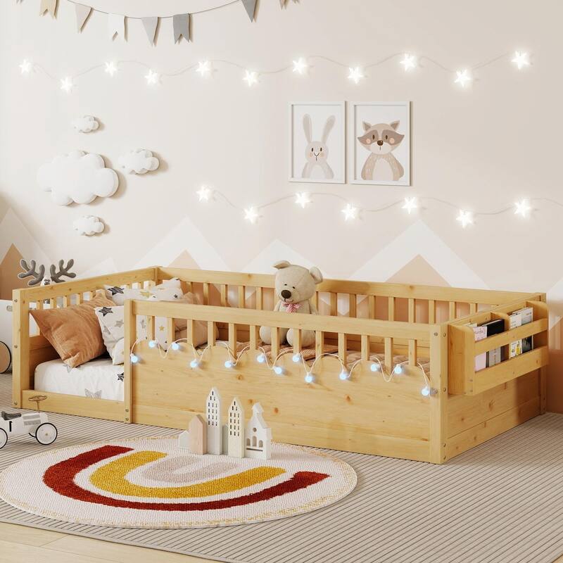 Floor Bed Frame with High Rails, Wooden Kids Floor Bed with Light and Storage Shelf