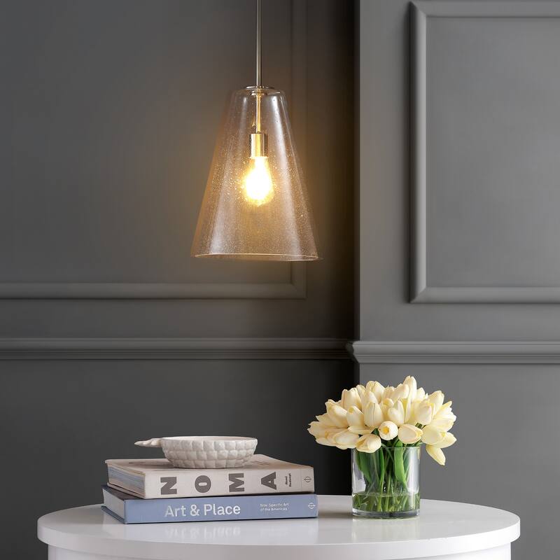 Hayes 11.5" 1-Light Mid-Century Modern Iron/Seeded Glass LED Pendant, Nickel/Clear by JONATHAN Y