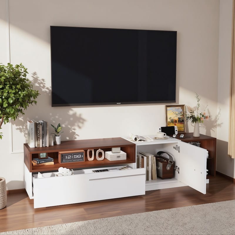 Meyreso 70.8" Modern High Gloss White & Walnut TV Stand with LED Lighting and Open Storage - 70 inches