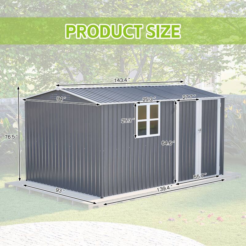 8x12 FT Outdoor Metal Storage Shed with Window, Lockable Hinged Doors and 4 Vents, Heavy Duty Steel Shed