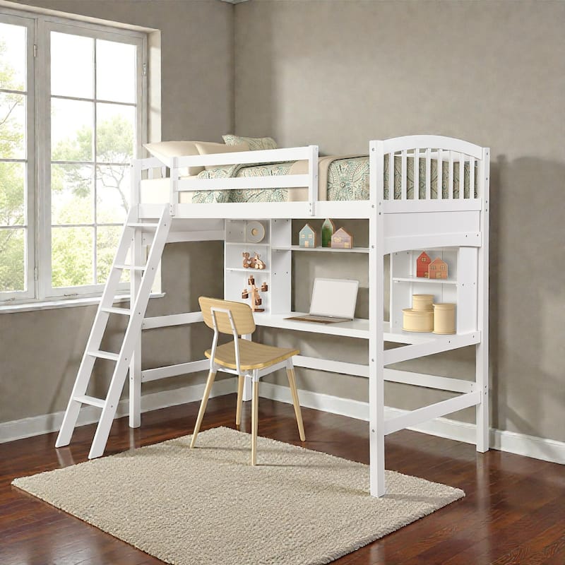 Twin Loft Bed with Desk and Storage Shelves, Solid Wood Loft Bed Frame with Ladder, Space Saving Design