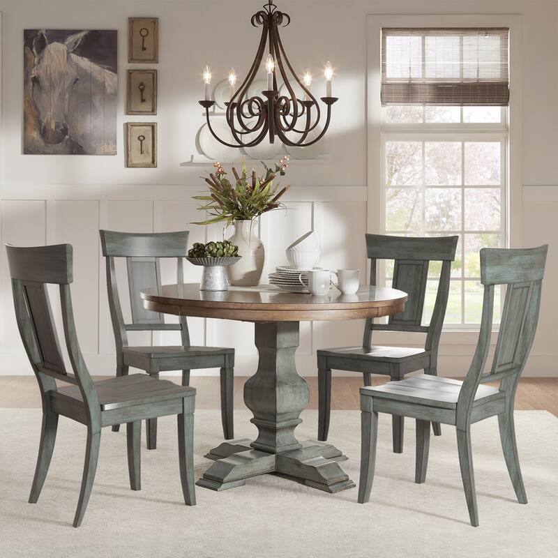 Eleanor Sage Green Round Solid Wood Top Panel Back 5-piece Dining Set by iNSPIRE Q Classic - Antique Sage Green Table - Antique Sage Green Chairs