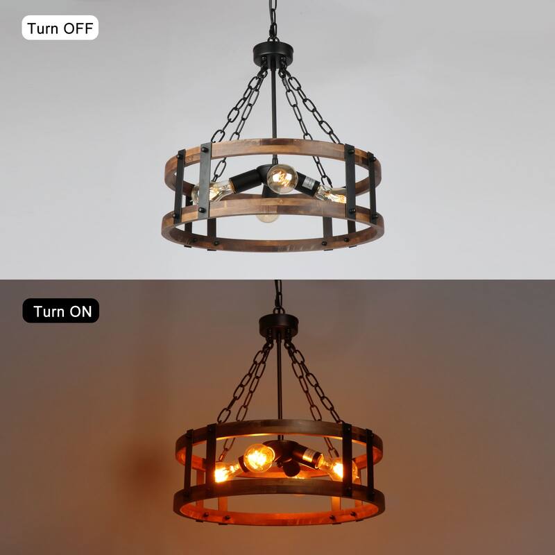 Farmhouse 4-Light Wood Drum Chandeliers Rustic Cage Pendant Light for Kitchen Island - 19" D x 18" H