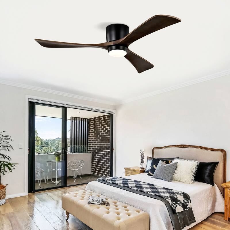 52" Flush Mount Solid Wood Blades Ceiling Fan with Lights Remote Control, Quiet DC Motor, 6 Speed, Reversible Ceiling Fan - Matte Black
