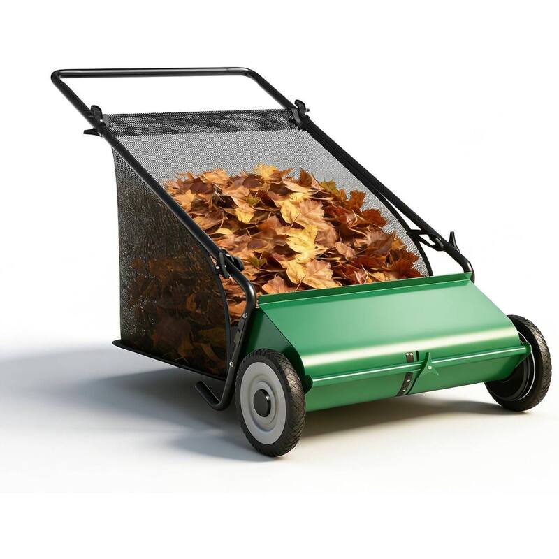 21 Inch Manual Push Lawn Sweeper, 3.5 Cu. Ft. Hopper Capacity Grass Sweeper for Grass Clippings, Leaves, Garden - Green