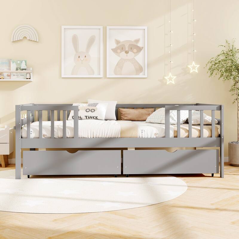 Gymax Twin Size Kids Bed w/Storage 2 Pull-out Drawers Side Shelf for