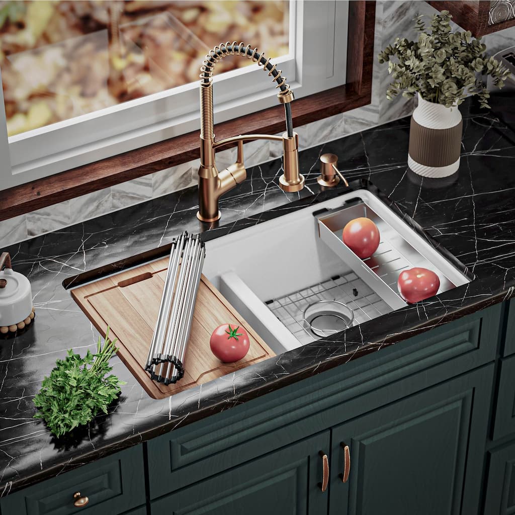Karran QUWS-880 Undermount 32-1/2 in. Double Equal 50/50 Bowl Workstation Kitchen Sink