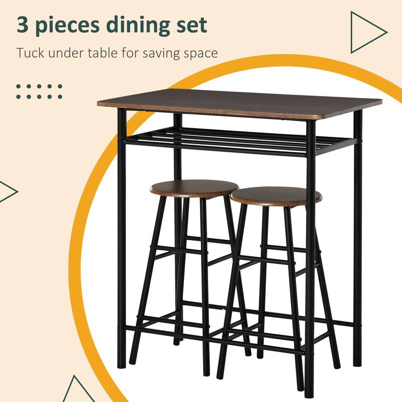 3-Piece Space-Saving Modern Bar Table and Stools Set with 2 Different Height Footrest for Pub
