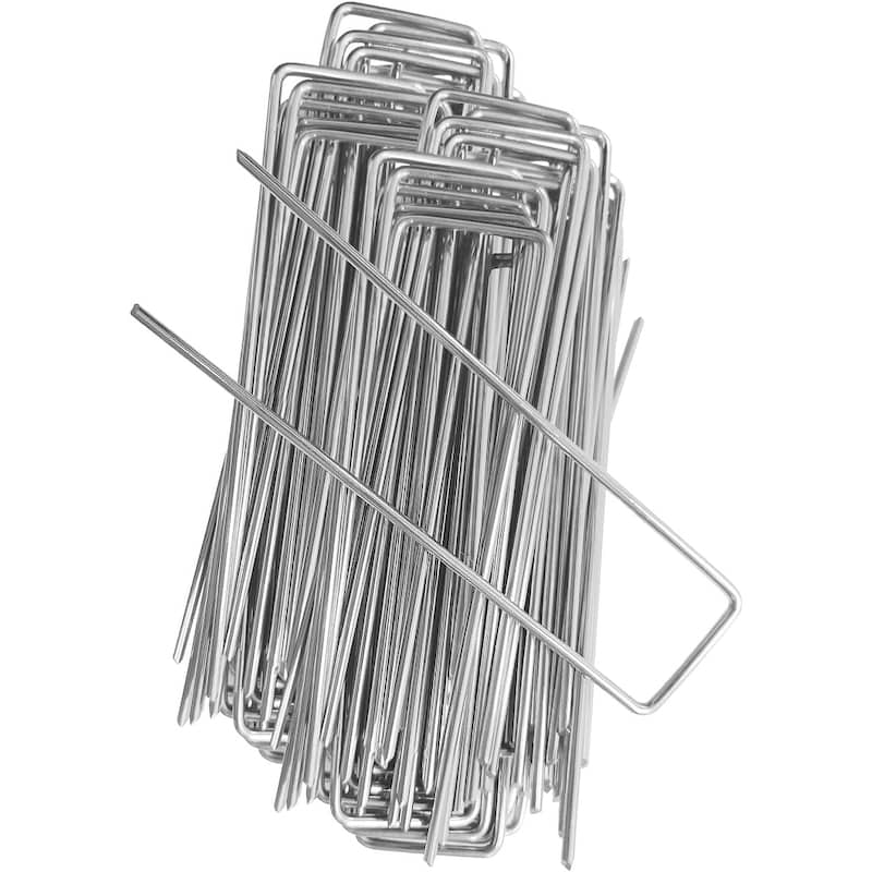 6 Inch Garden Stakes Galvanized, U-Type Turf Staples, Garden Stakes Landscaping Staples for Weed Fabric Barrier Ground Cover - Silver 100 pack