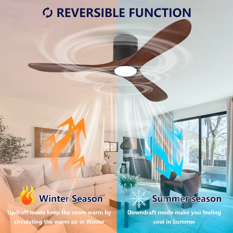 52-Inch Recessed Ceiling Fan With Light, Remote Control, Solid Wood Blades, Dimmable, Reversible, Quiet Operation - Black