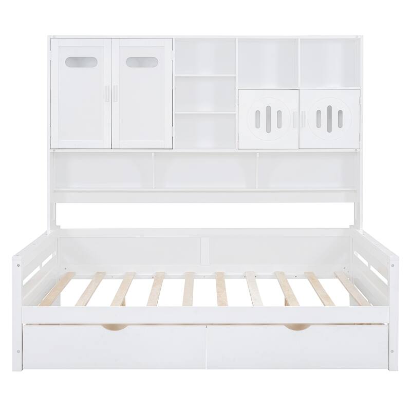 Contemporary Twin/Full Size Wooden Daybed with 2 Storage Drawers, Cabinet, and Shelf - Solid Wood Slats
