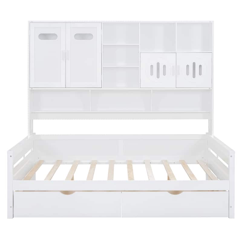 Full Size Wood Daybed with Built-In Cabinet, Bookshelf & 2 Storage Drawers, No Box Spring Needed, Space-Saving Bed Frame