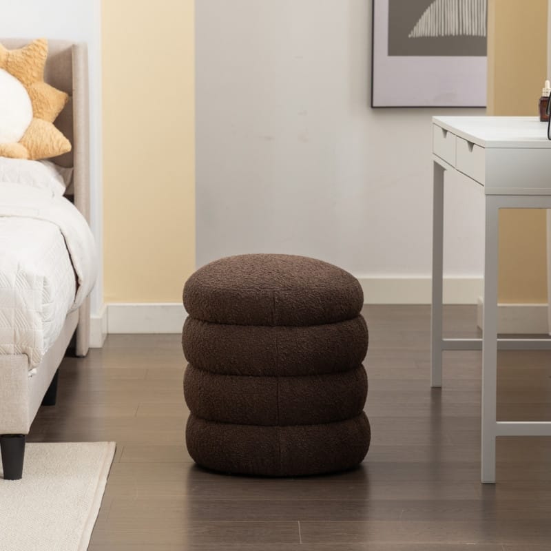 Boucle Round Ottoman Footrest Stool - Brown
