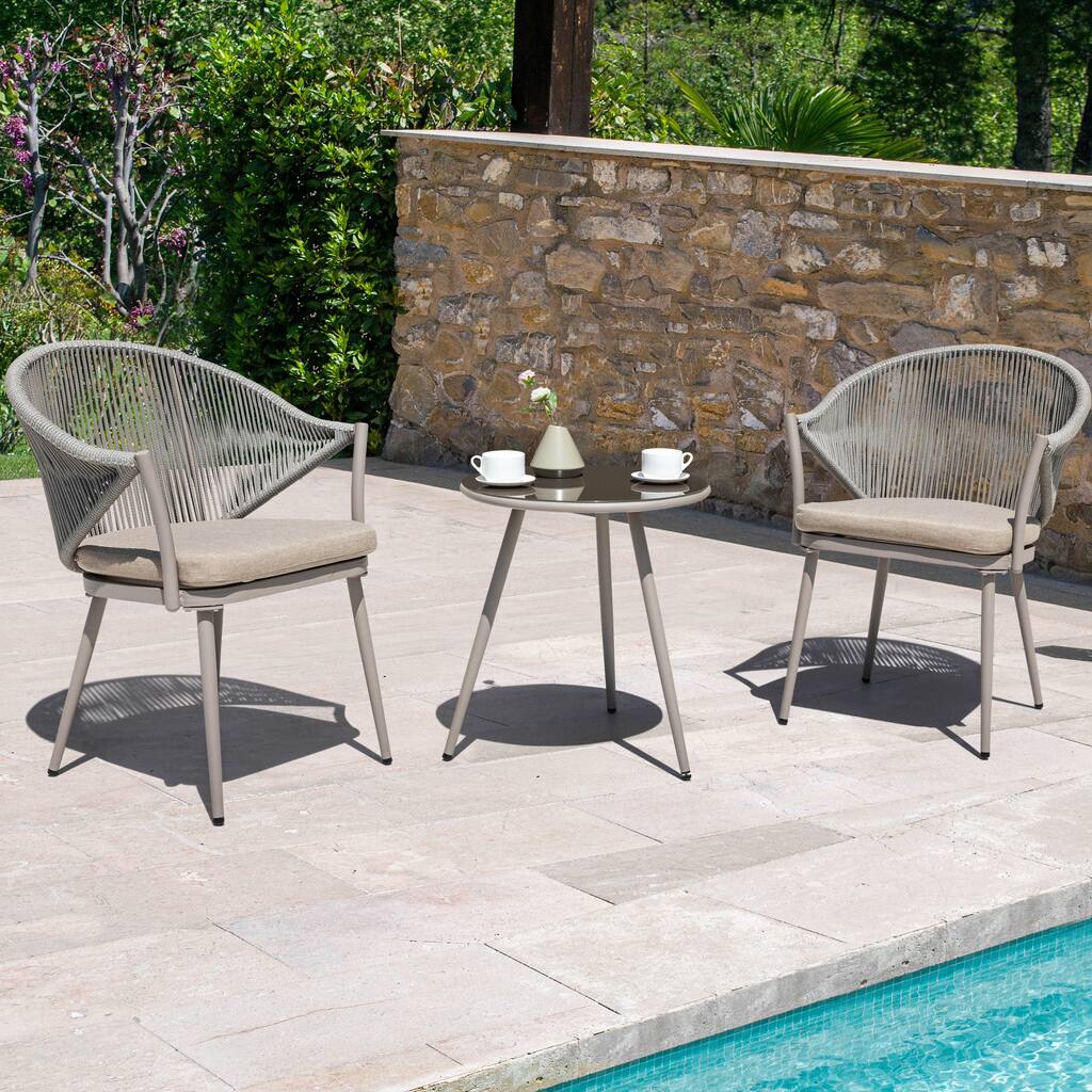 Aluminum Patio Outdoor Dining Chair Woven Rope Armchair with Removable Gray Cushion (2-Pack)