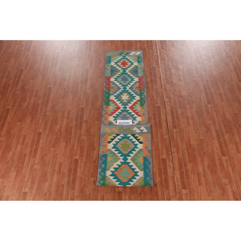 Hand Woven Oriental 100% Wool Carpet Southwestern Geometric Green Kilim Runner Rug - 13' 1'' X 2' 7''