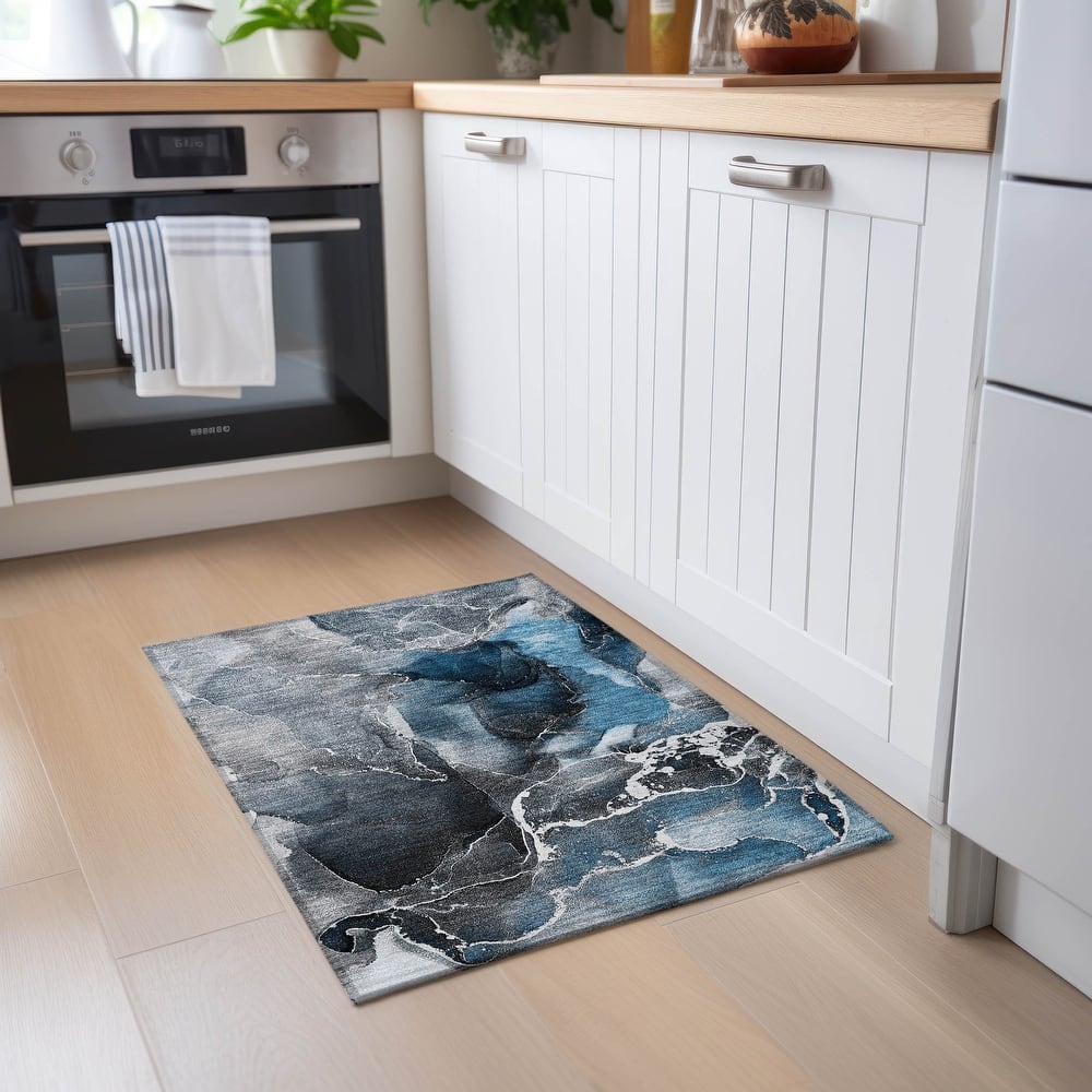 Machine Washable Indoor/ Outdoor Chantille Abstract Blue Rug