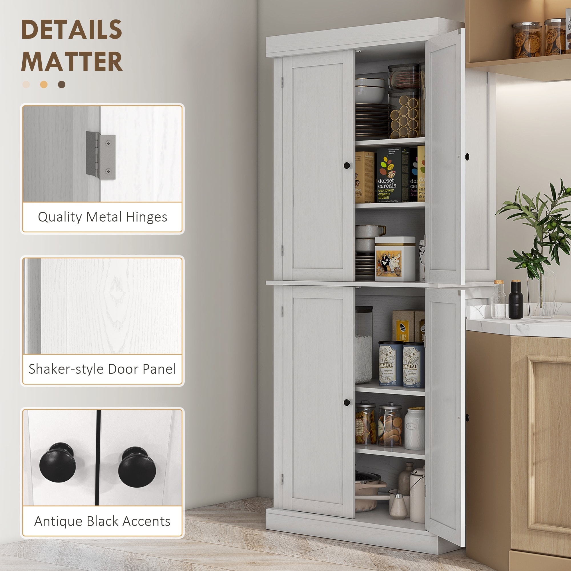 Modern Pantry Storage Cabinet with Magnetic Doors, Buffet Cabinet with Adjustable Shelves and Anti-Tip Straps