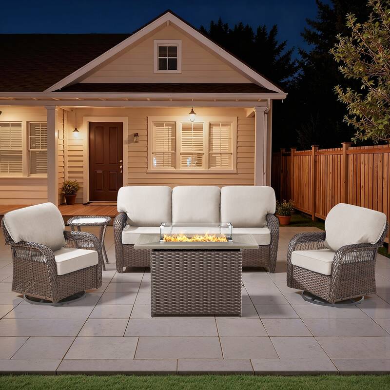 Pocassy Outdoor Fire Table with Swivel Chair Sofa Funiture Set. - Brown Wicker Beige Cushion - 5-Piece Sofa Swivel Chair Table w/ Fie Pit Table