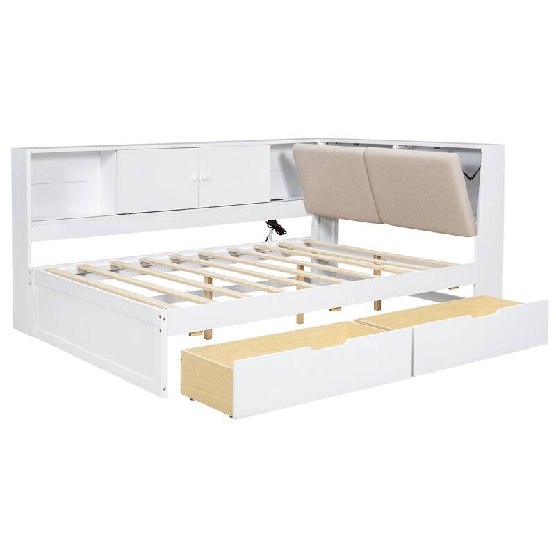 L-Shaped Daybed with Bookcase & USB Charging Port, Wood Floor Corner Bed Frame with Storage Drawers & Upholstered Headboard
