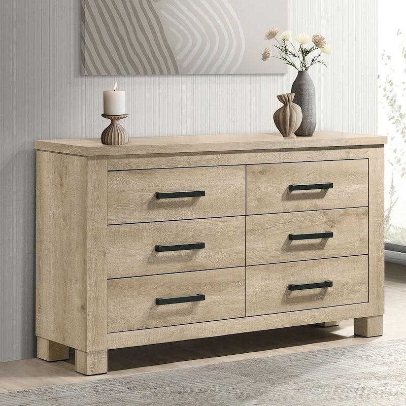 6 Drawers Wooden Dresser with Dark Bronze Handles in Weathered Oak