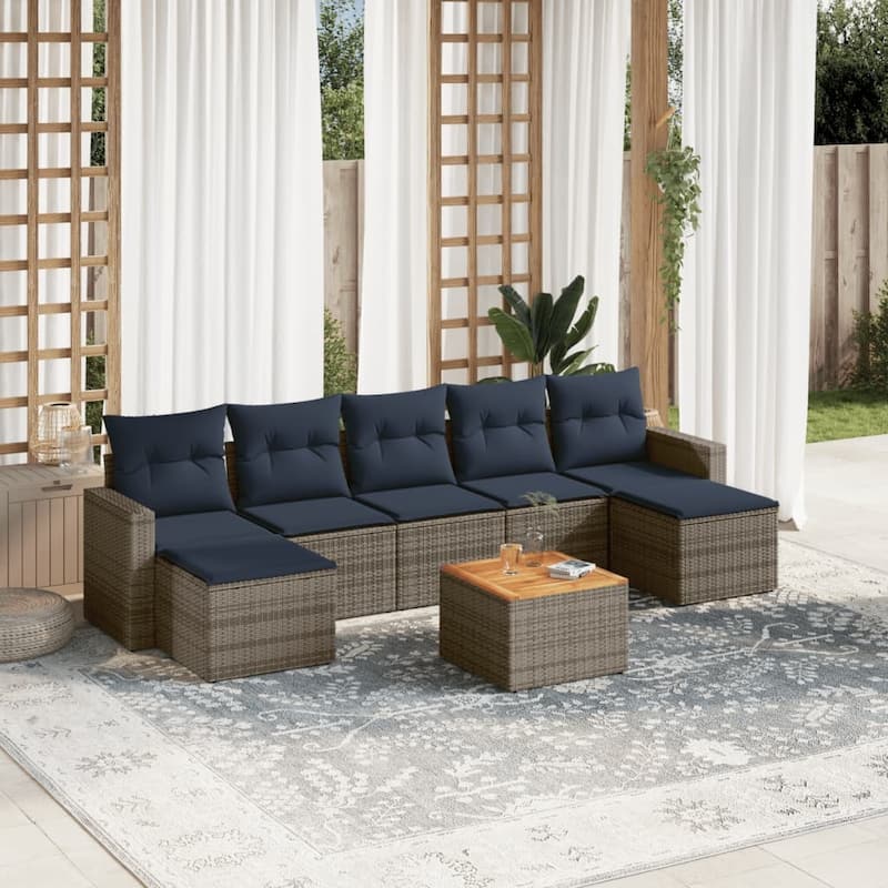 vidaXL 8 Piece Patio Sofa Set with Cushions Black Poly Rattan - 21.7" x 24.4" x 27.2" - Grey
