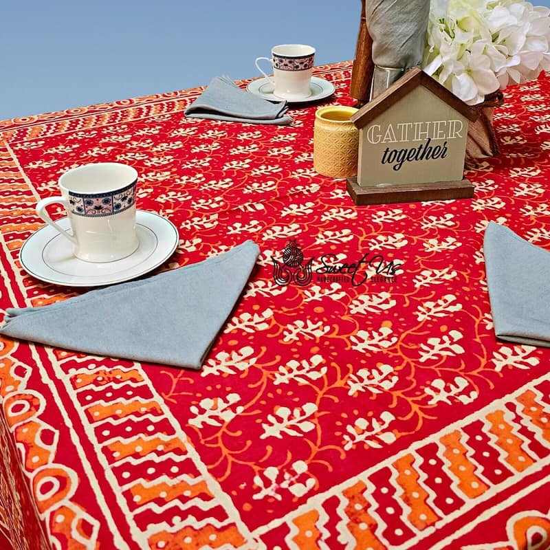 Dabu Floral Hand Block Print Cotton Tablecloth Rectangle Collection