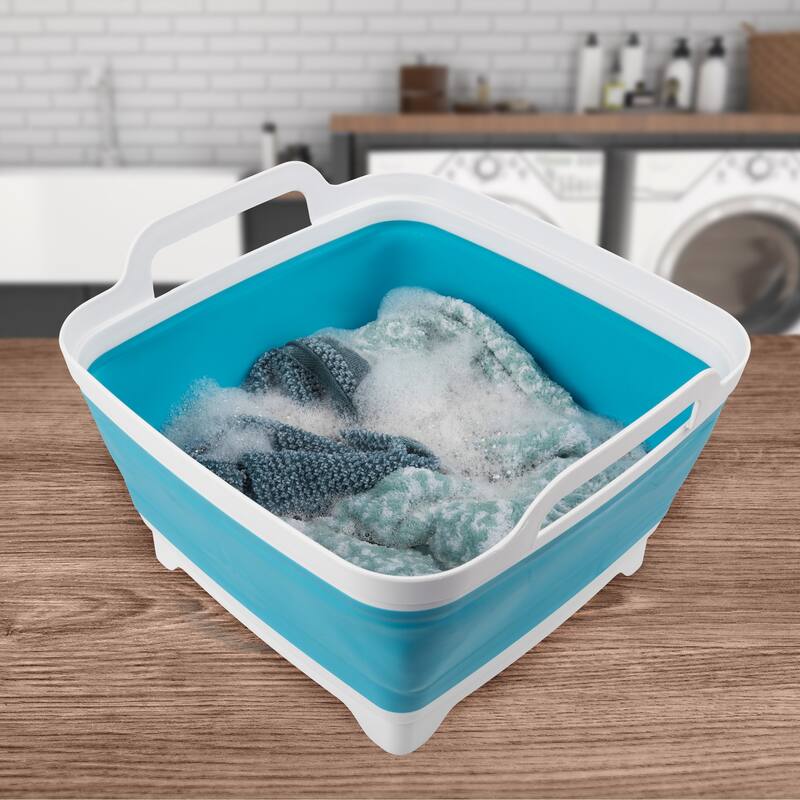 Collapsible Wash Basin - 9L Portable Sink with Drain - Plastic Tub Dish Pan for Camping, Handwashing Laundry by Wakeman Outdoors