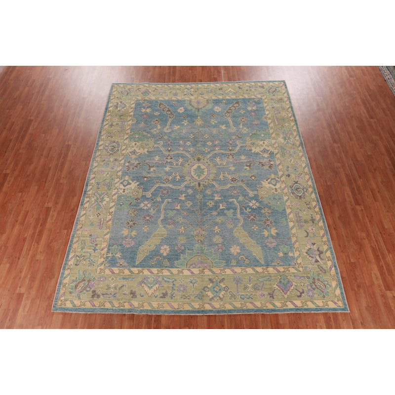 Hand Knotted Oriental 100% Wool Carpet Transitional All-Over Navy Blue & Blues Oushak Area Rug - 11' 7'' X 9' 1''