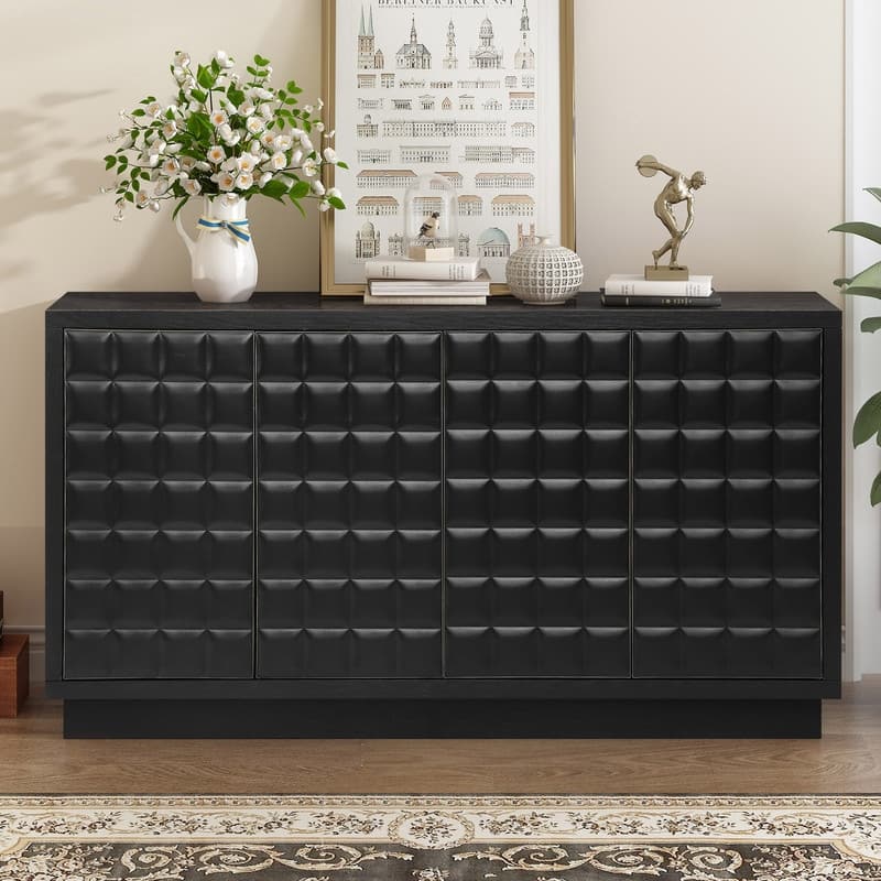 Modern 4-Door Storage Cabinet with Geometric Design and Adjustable Shelves for Home Organization - Black