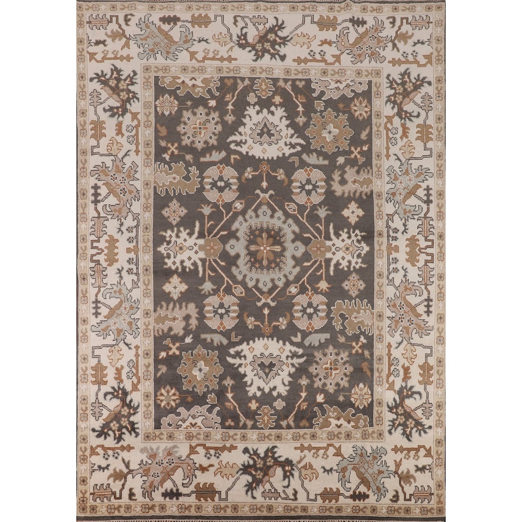 All-Over Floral Oushak Indian Area Rug Hand-Knotted Wool Carpet - 7'10"x 10'3"