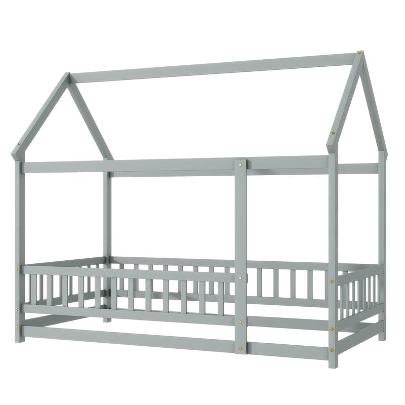 House Floor Bed with Enchanting Roof Frame and Secure Safety Guardrails,Creating a Dreamy and Safe Sleeping Space for Kids