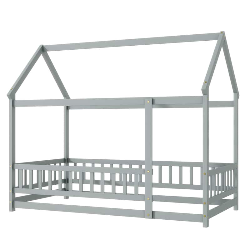 Twin Size House Floor Wooden Bed with Roof Frame
