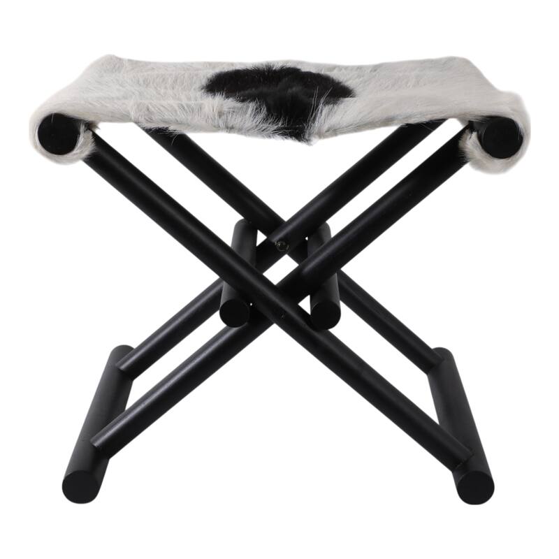 Foldable Backless Cowhide Storage Stool with Solid Wood Frame