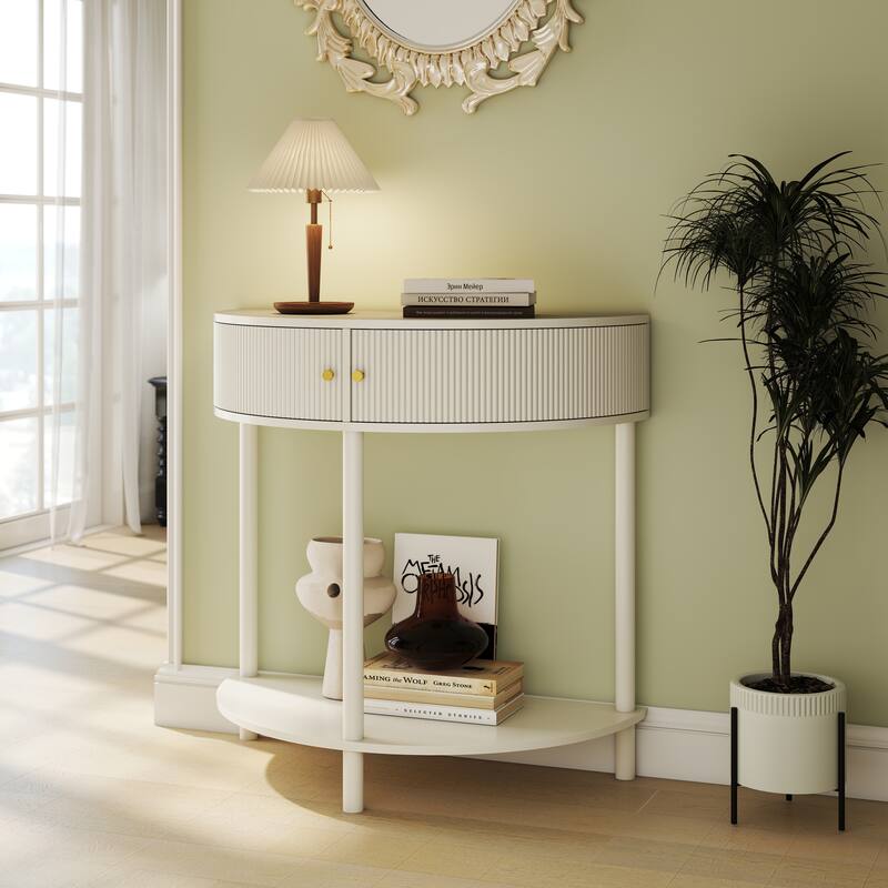 Artisan-Crafted Demi-Lune Console Table - Wave-Pattern with 2 Drawers & Shelf, Creamy White