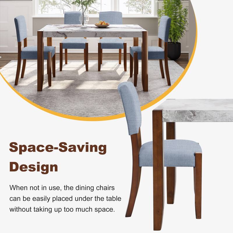 5-Piece 46" Faux Marble Dining Table Set with 4 Upholstered Chairs, Modern Rubberwood Dinette Set for Kitchen or Dining Room