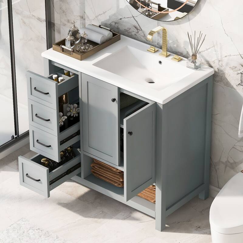 36" Freestanding Bathroom Vanity with Ceramic Sink, 2 Doors and 2 Drawers, Modern Grey Finish,8" Faucet Mount - 36 in ,Grey ,Solid Wood+MDF - Grey
