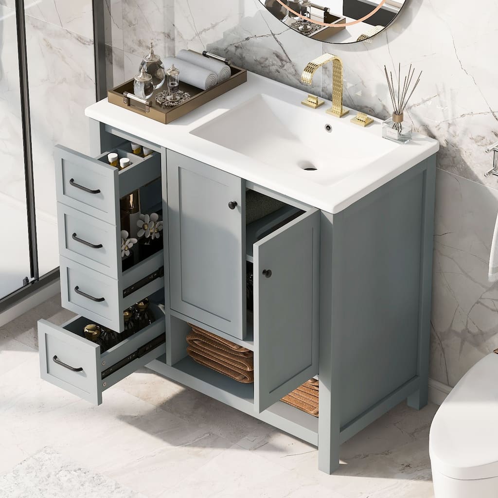 36" Freestanding Bathroom Vanity with Ceramic Sink, 2 Doors and 2 Drawers, Modern Grey Finish,8" Faucet Mount