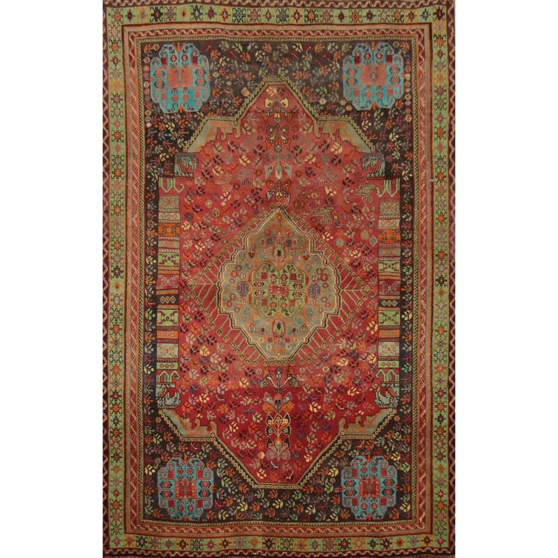 Hand Knotted Oriental 100% Wool Carpet Traditional Medallion Red Shiraz Area Rug - 8' 2'' X 5' 3''